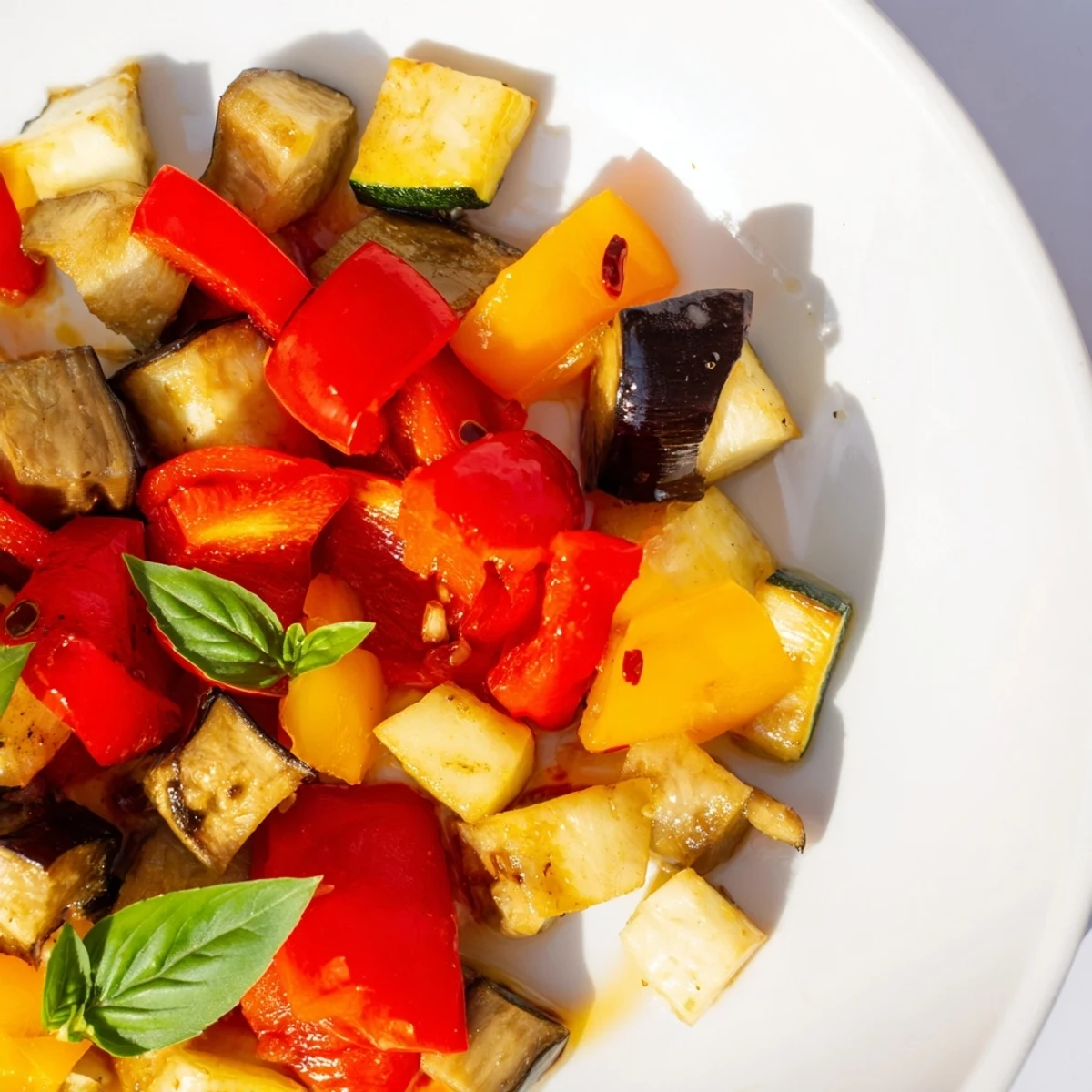 Caramelized bell peppers and zucchini on a warm platter of classic Mediterranean roasted vegetables