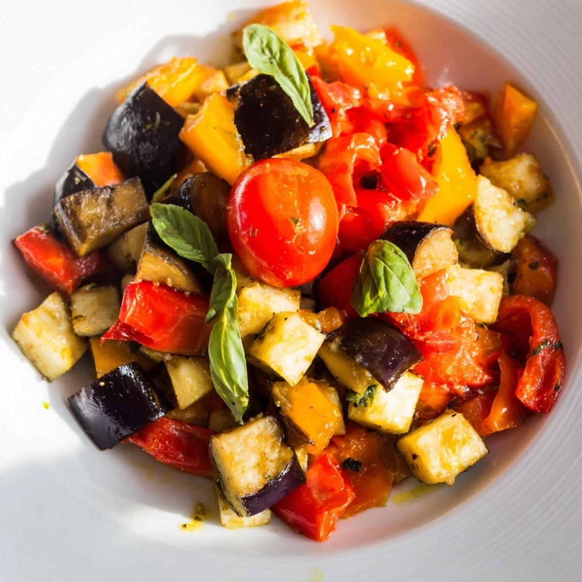 Golden tender eggplant and cherry tomatoes in this classic Mediterranean roasted vegetables side dish