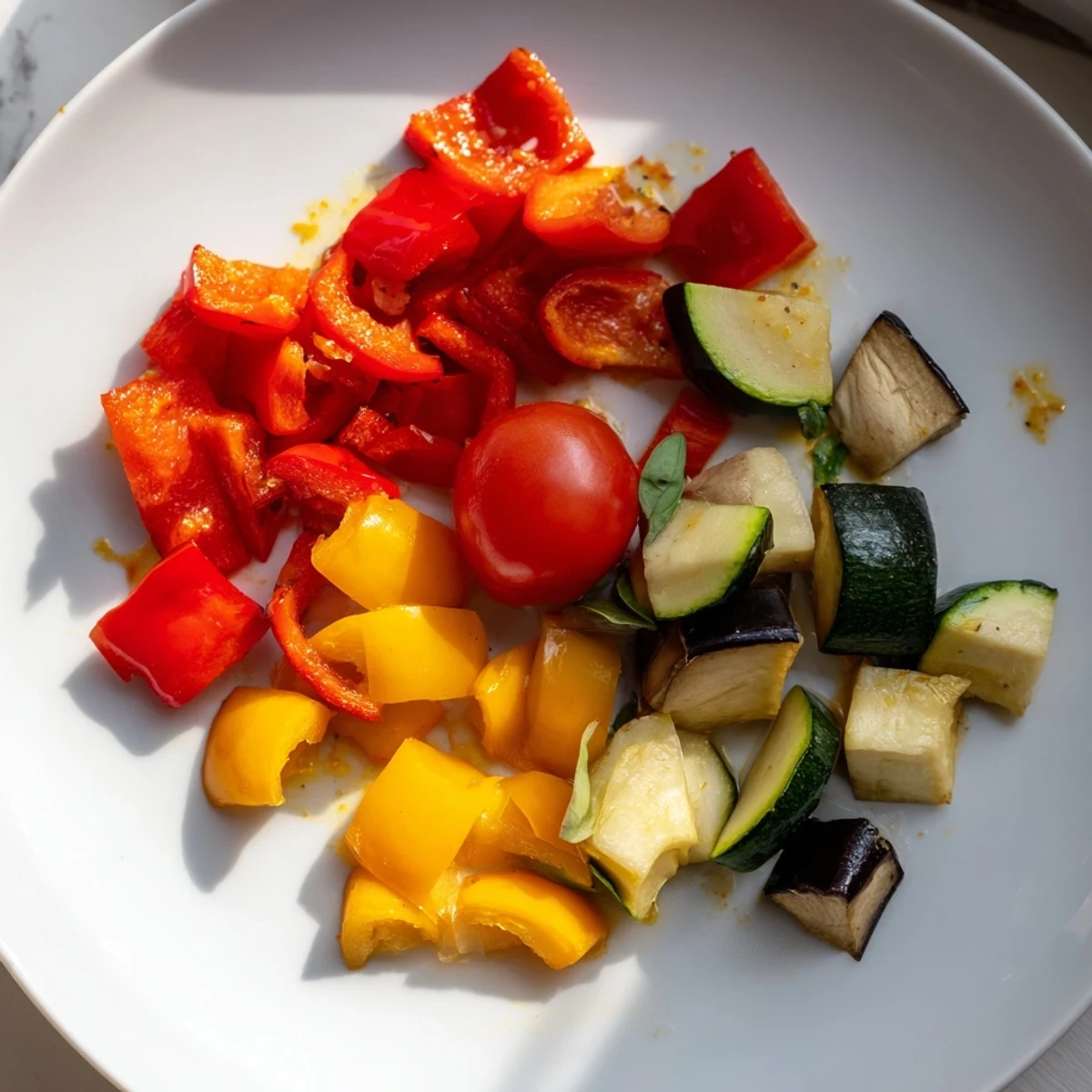 Herb-garnished classic Mediterranean roasted vegetables served alongside fluffy quinoa on a rustic white plate