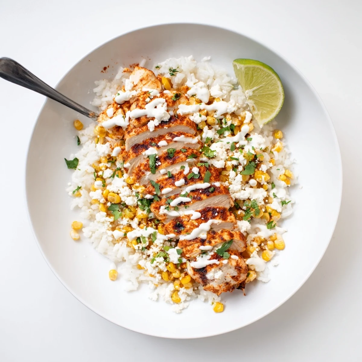 Charred corn and spiced sliced chicken atop rice in this street corn chicken rice bowl.