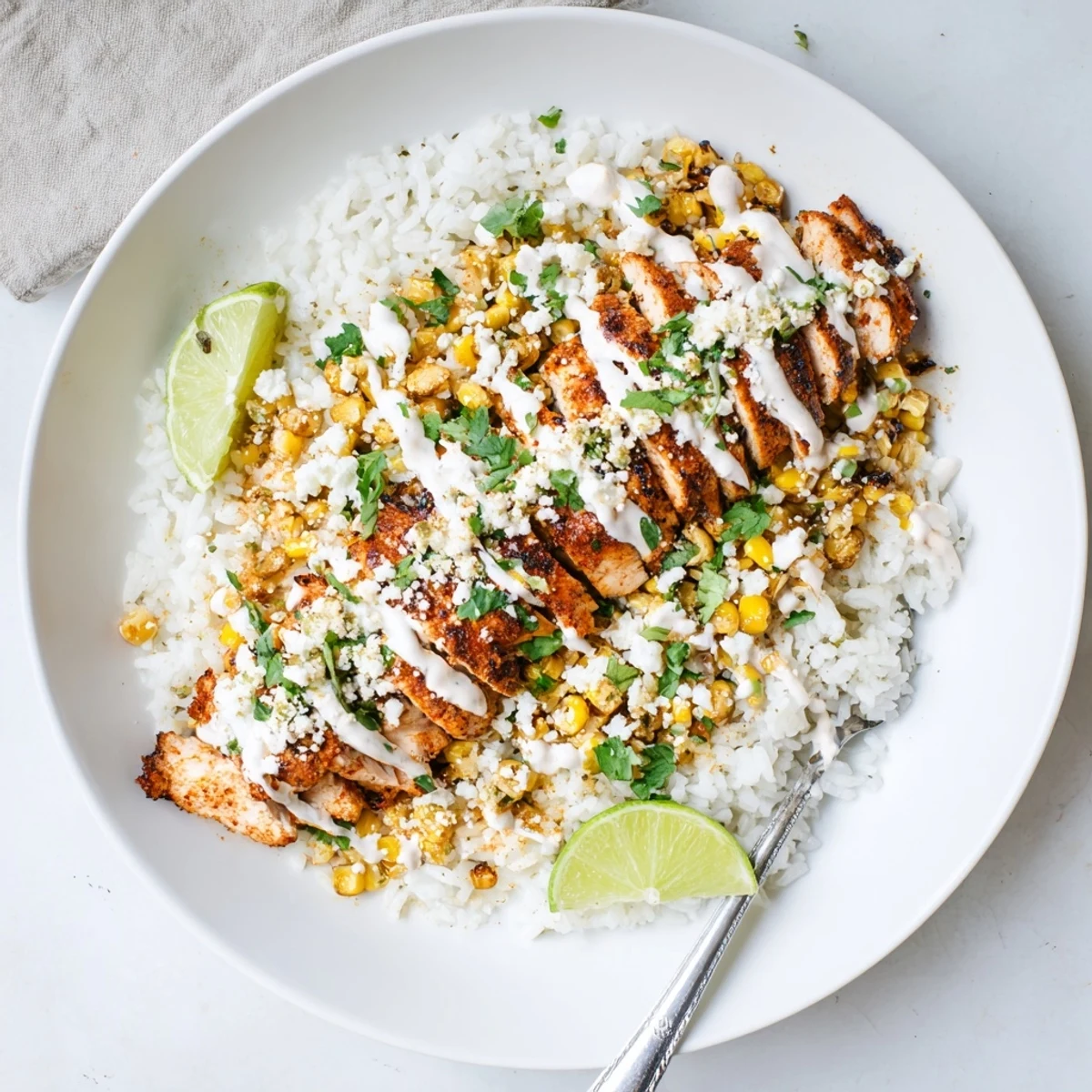 Juicy grilled chicken over rice in a street corn chicken rice bowl drizzled with creamy sauce.