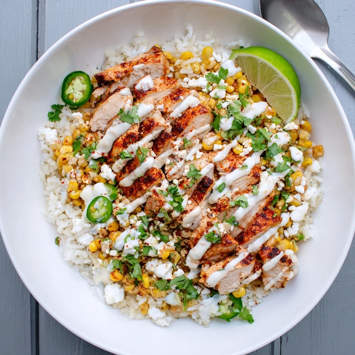 A golden street corn chicken rice bowl garnished with cotija cheese, cilantro, and lime wedges.