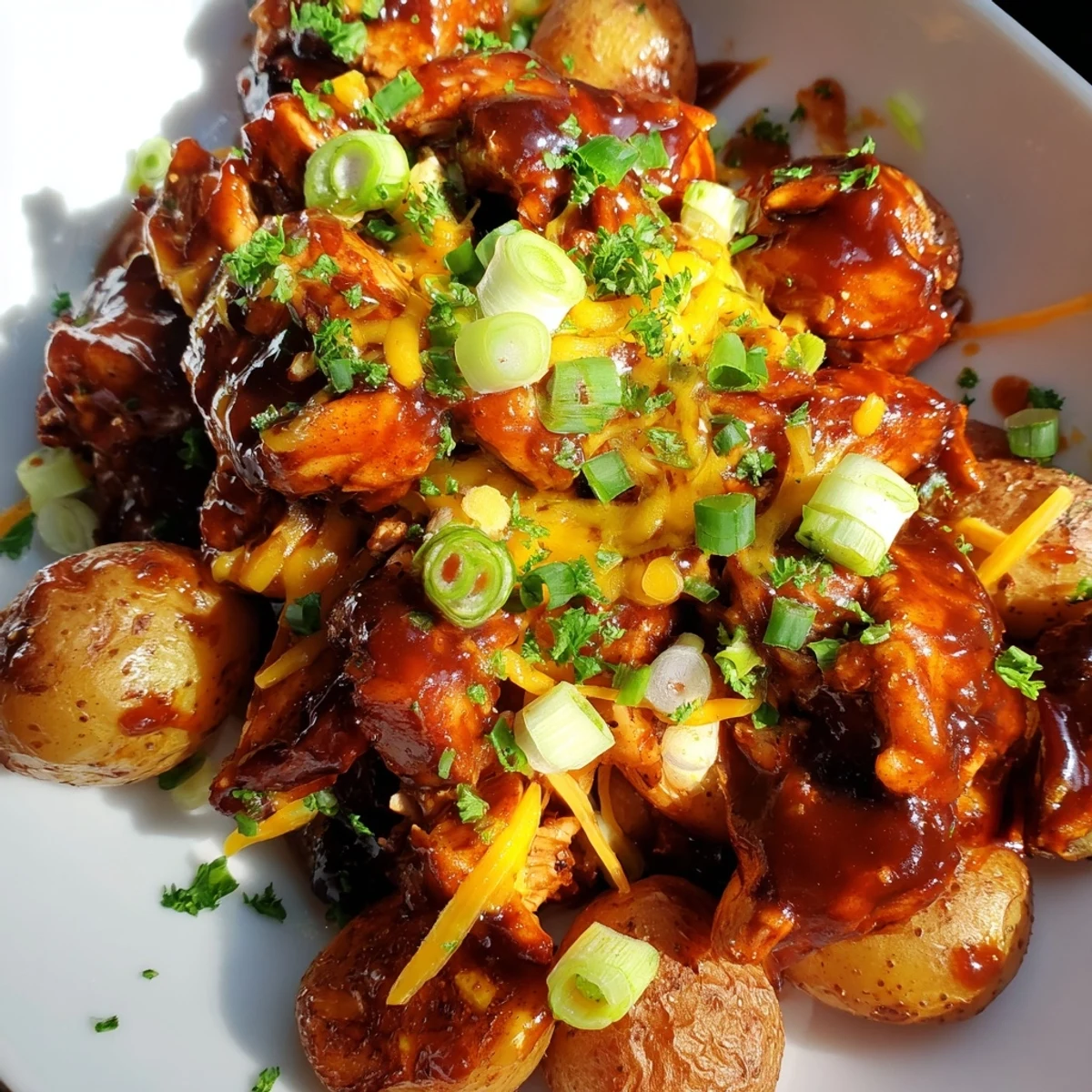 Golden roasted potatoes layered with honey BBQ chicken and melted cheddar cheese