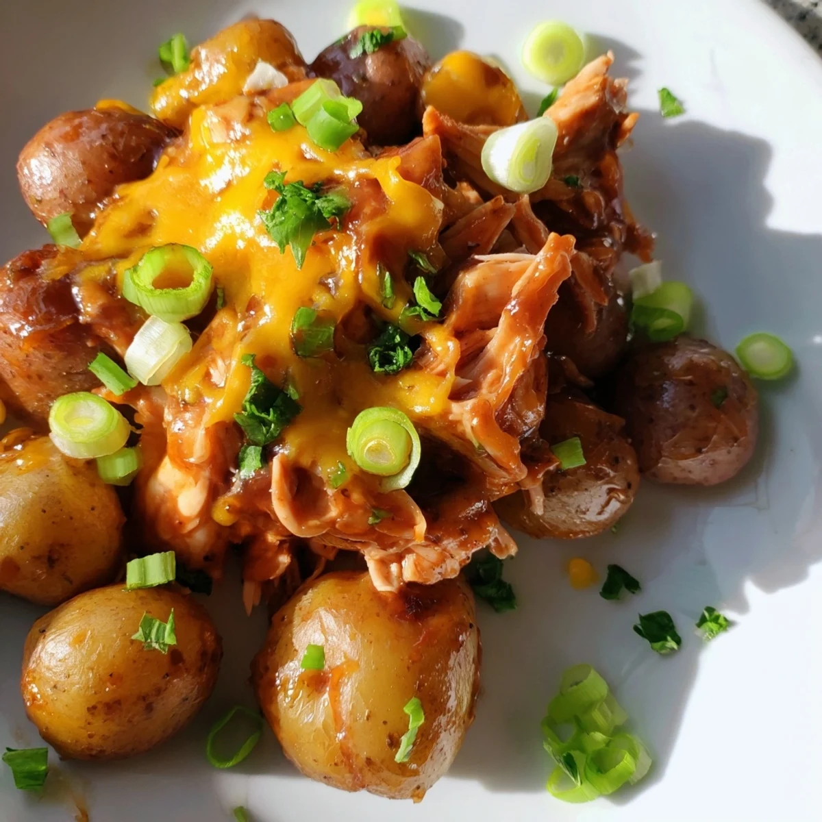 A hearty plate of honey BBQ chicken and potatoes garnished with green onions