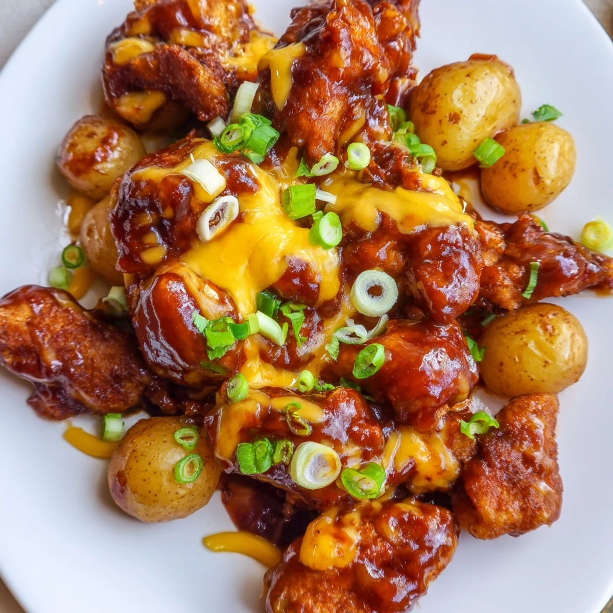 Sliced honey BBQ chicken over crispy potatoes topped with bubbly shredded cheese