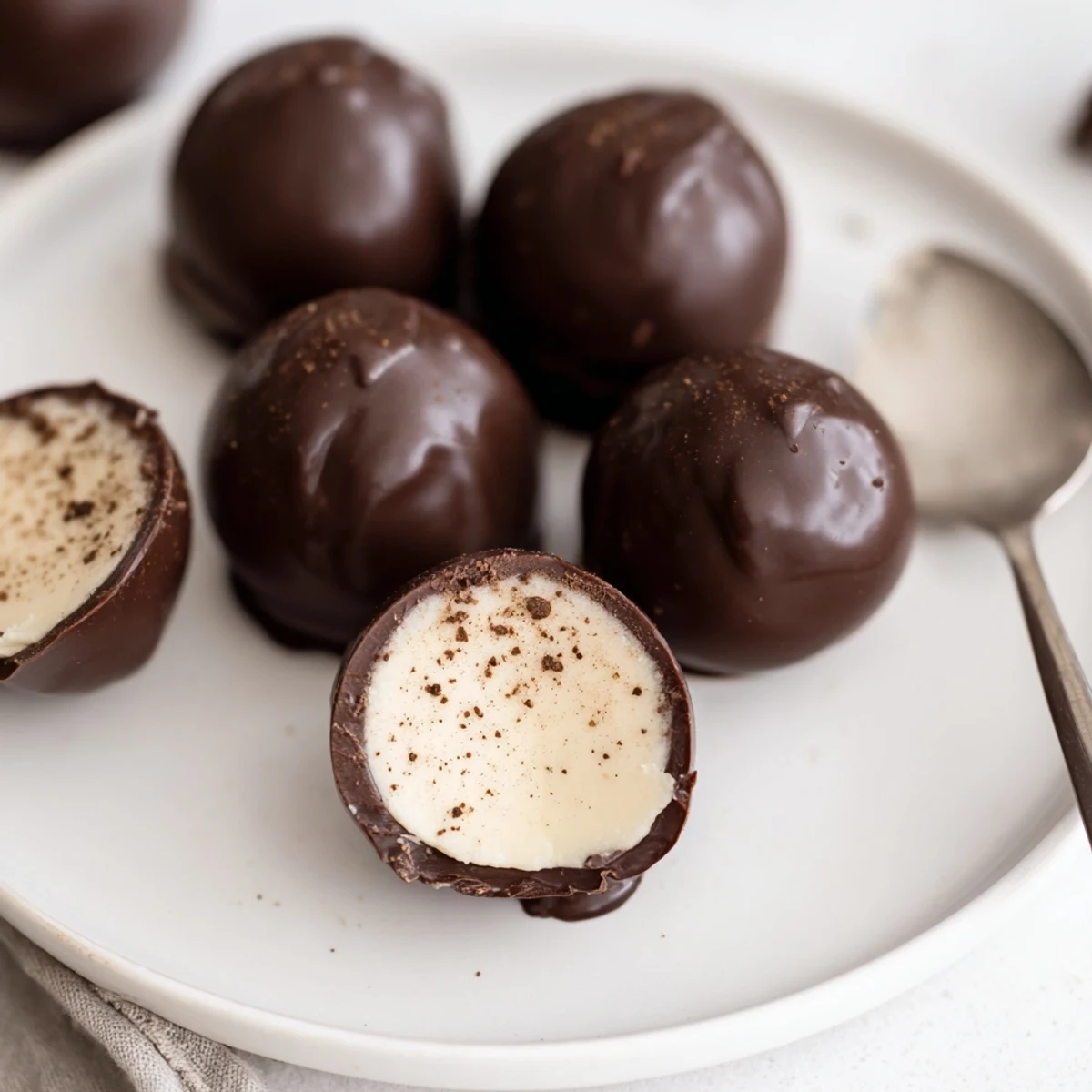 Dark Chocolate Eggnog Truffles glistening with glossy shells, dusted nutmeg, holiday platter