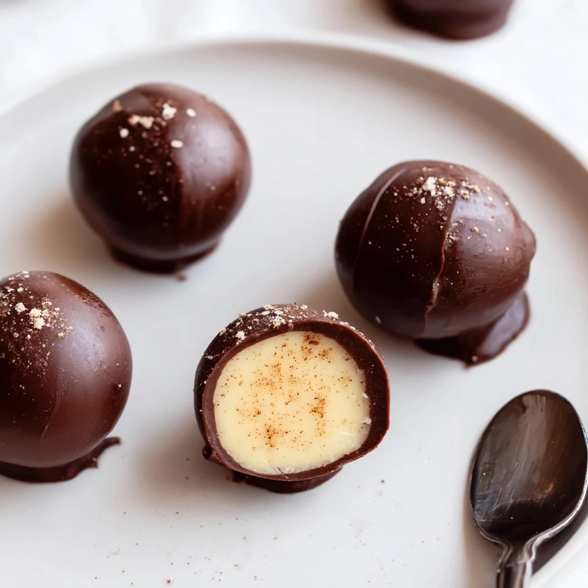 Hand rolled Dark Chocolate Eggnog Truffles chilling on parchment, rich aroma of cinnamon
