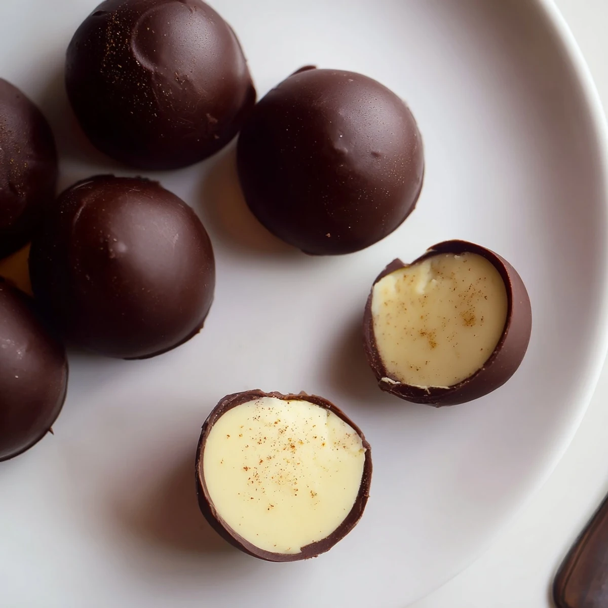 Plated Dark Chocolate Eggnog Truffles with creamy spiced centers, perfect for gifting