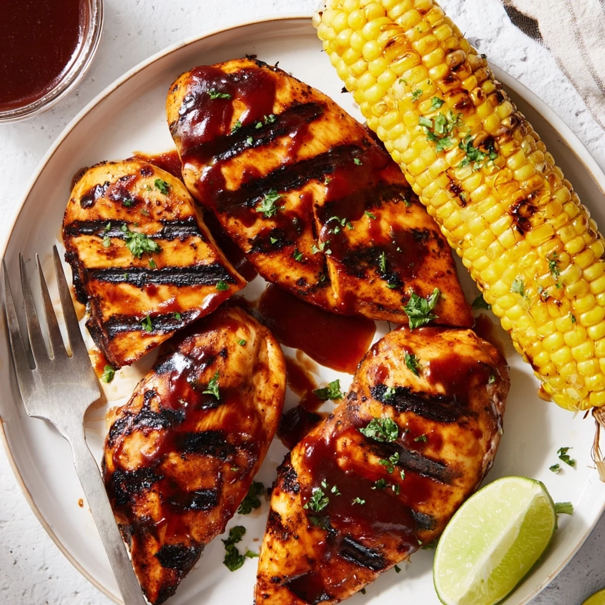 Smoky, juicy BBQ Chicken With Corn resting on a platter, lime wedges