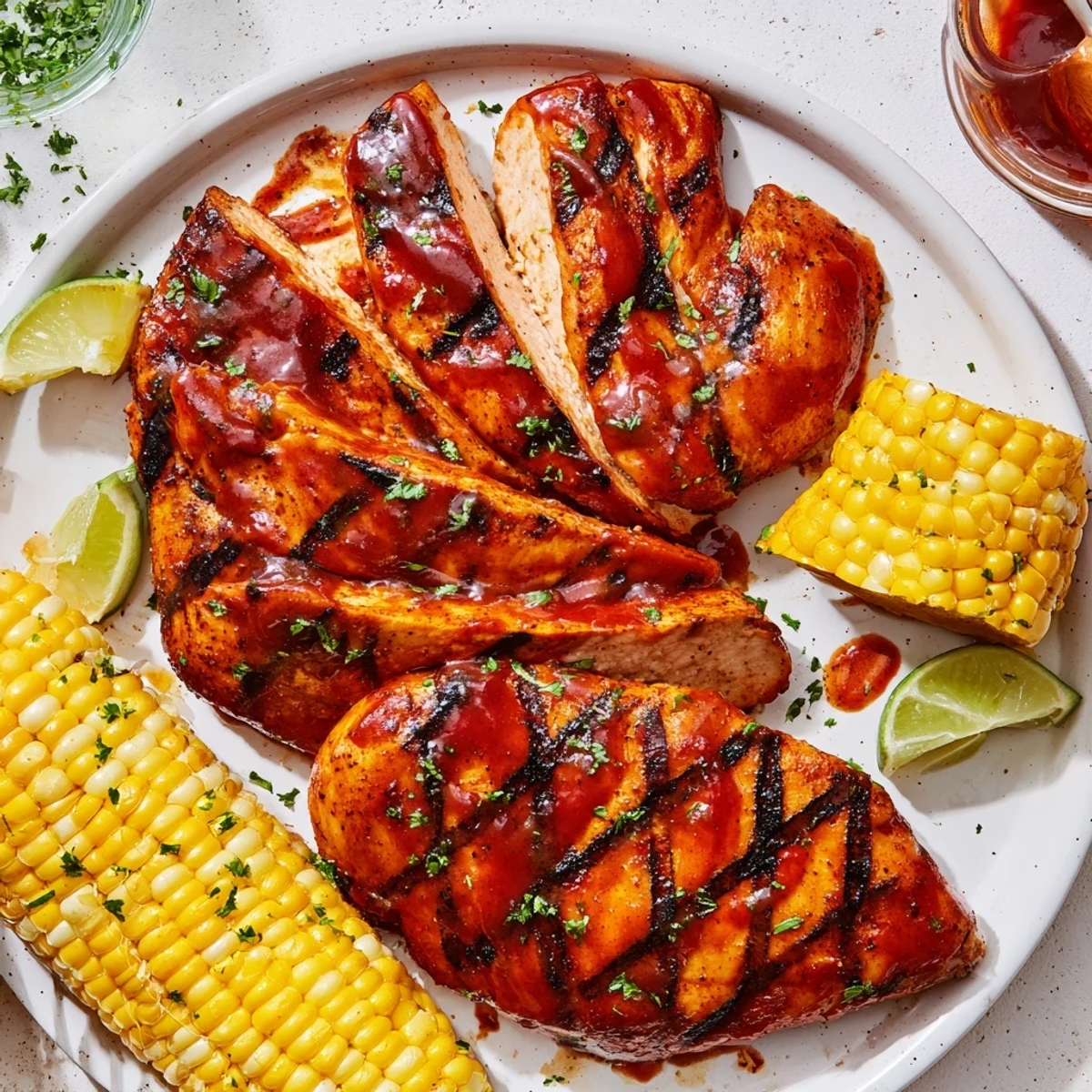 Grilled BBQ Chicken With Corn with charred kernels, buttery shine and parsley