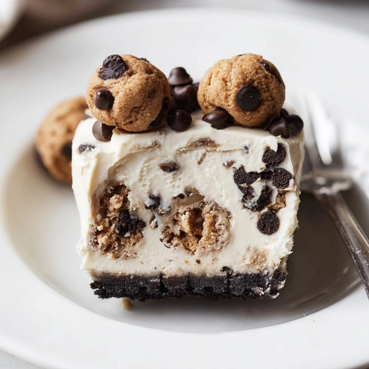 Chocolate Chip Cookie Dough Cheesecake with glossy mini chips and marbled cookie dough
