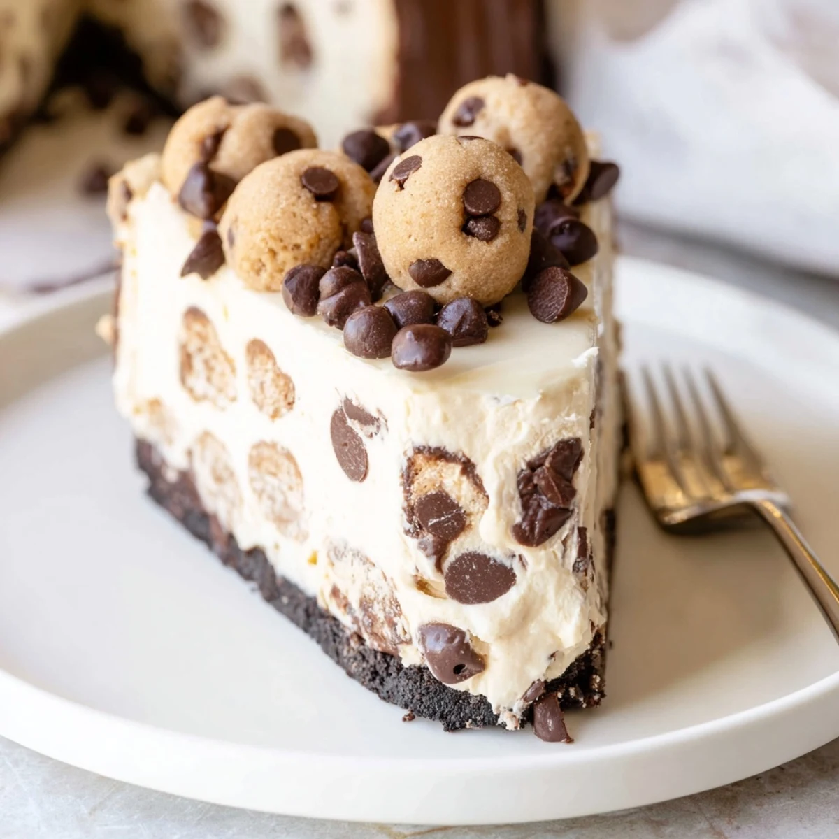 Homemade Chocolate Chip Cookie Dough Cheesecake topped with extra dough balls and chocolate drizzle