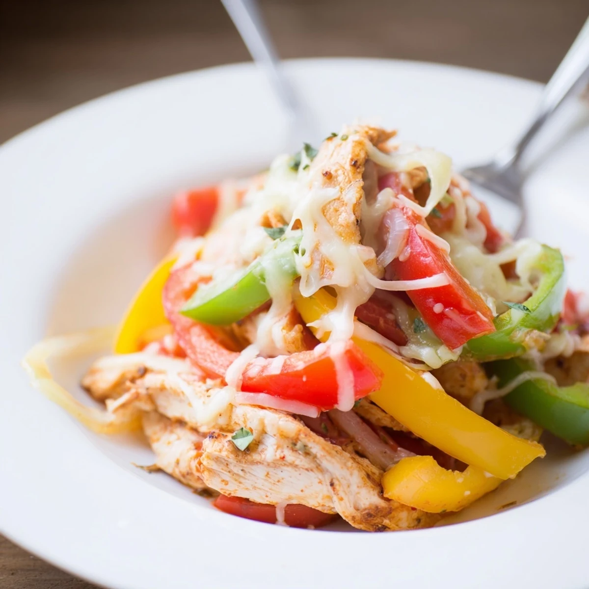 Pan-melted Cheesy Baja Chicken Bell Pepper Skillet, gooey Monterey Jack and peppers