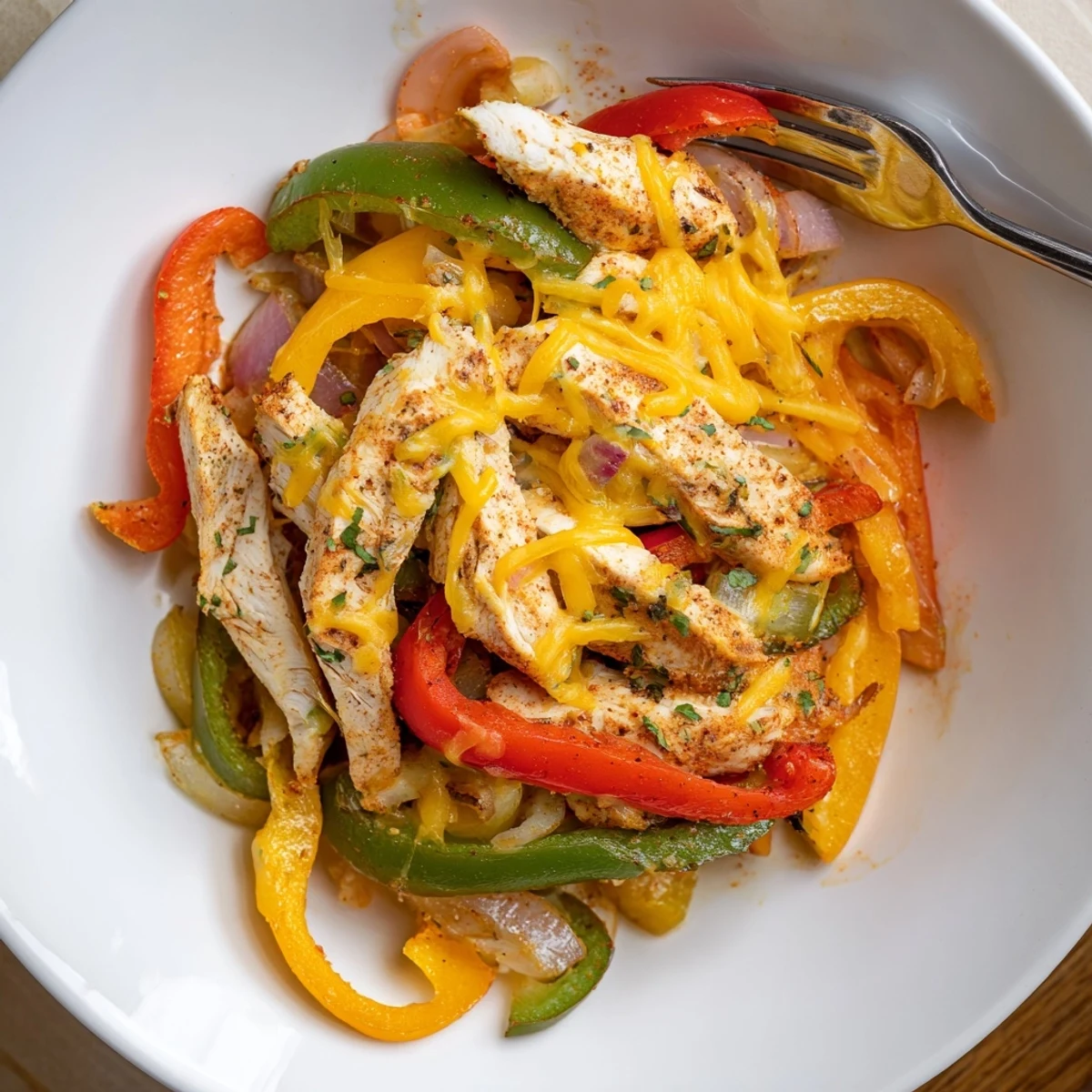 Cheesy Baja Chicken Bell Pepper Skillet sizzling with melted cheddar and zesty lime