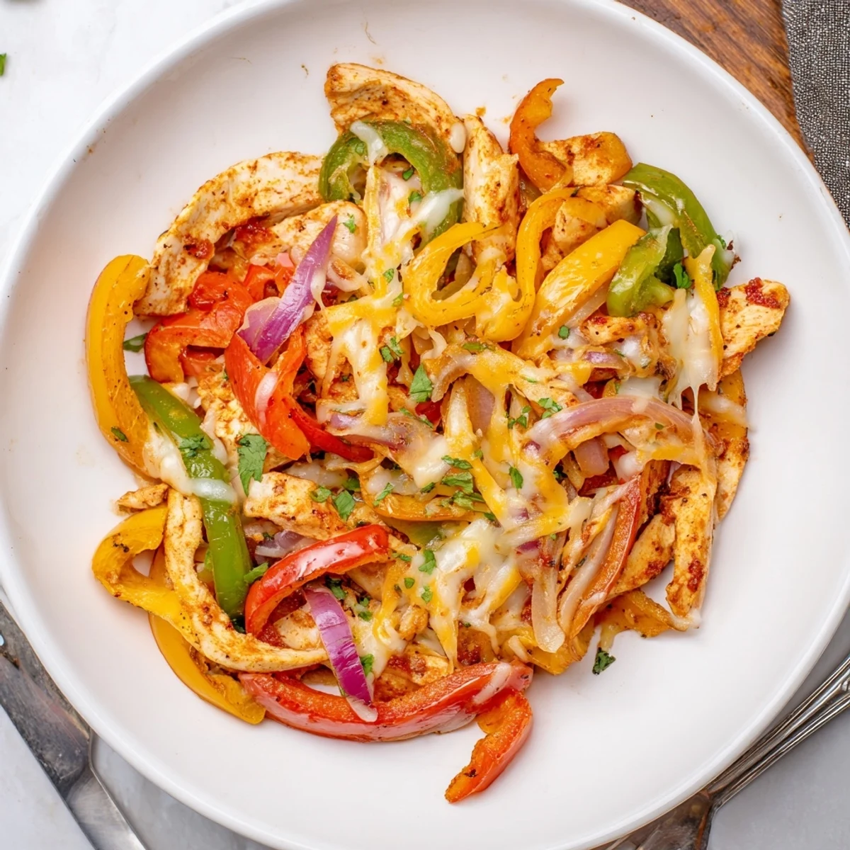 Cheesy Baja Chicken Bell Pepper Skillet served hot with warm corn tortillas and cilantro