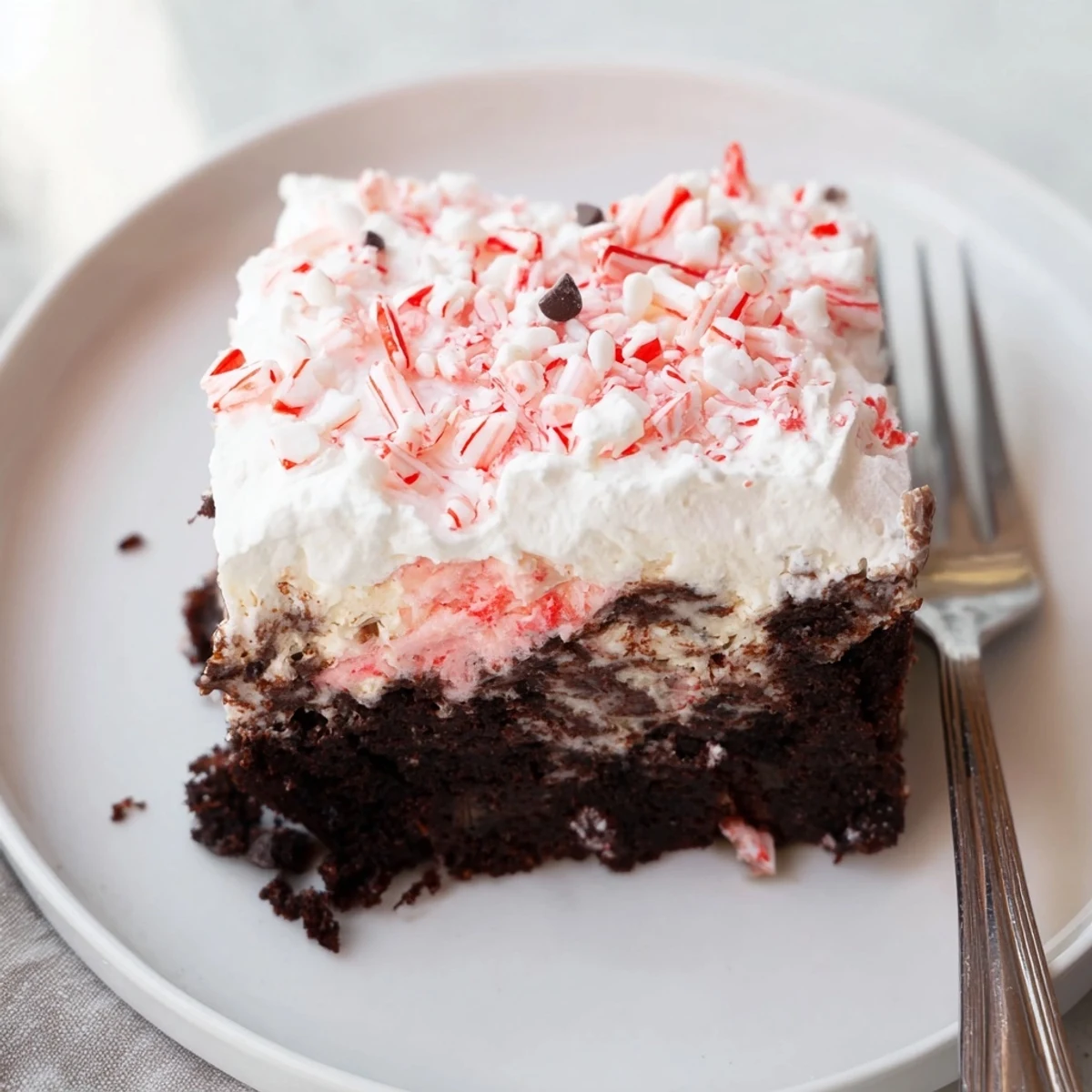 Festive Peppermint Poke Cake with chocolate shavings, creamy pudding, cool mint.
