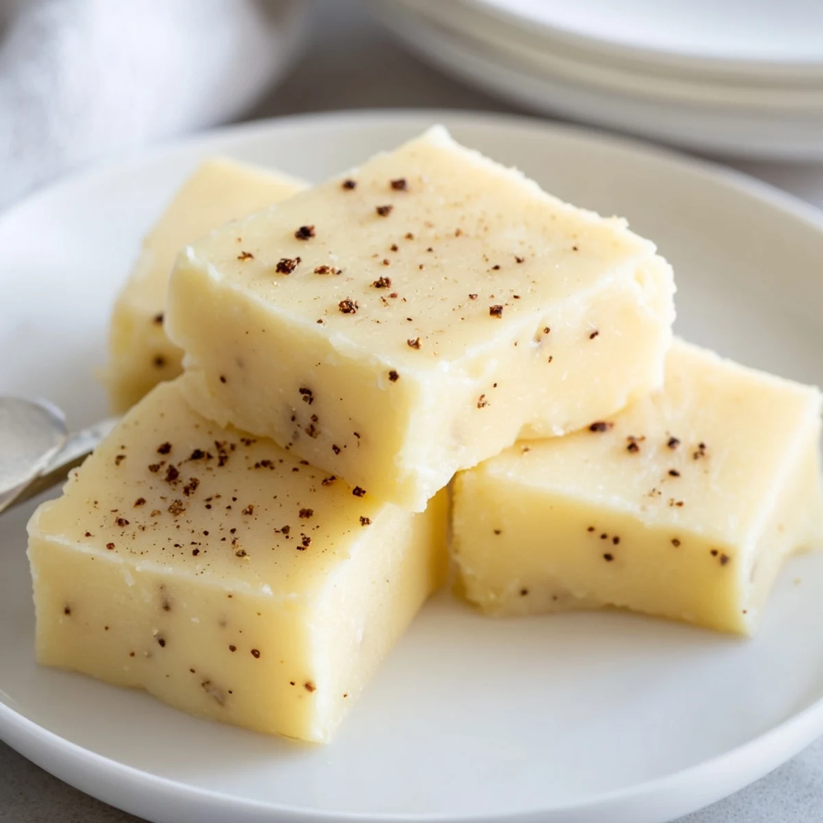 Creamy Eggnog Fudge squares dusted with fresh nutmeg on holiday plate