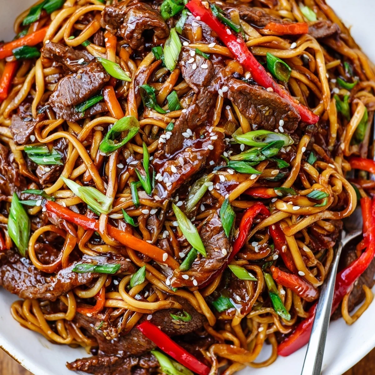 Sticky Beef Noodles glistening with glossy sauce, tender beef and sesame garnish.