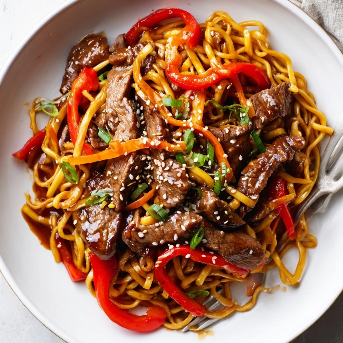 Sticky Beef Noodles piled on chopsticks, chewy strands, honeyed-savory glaze.