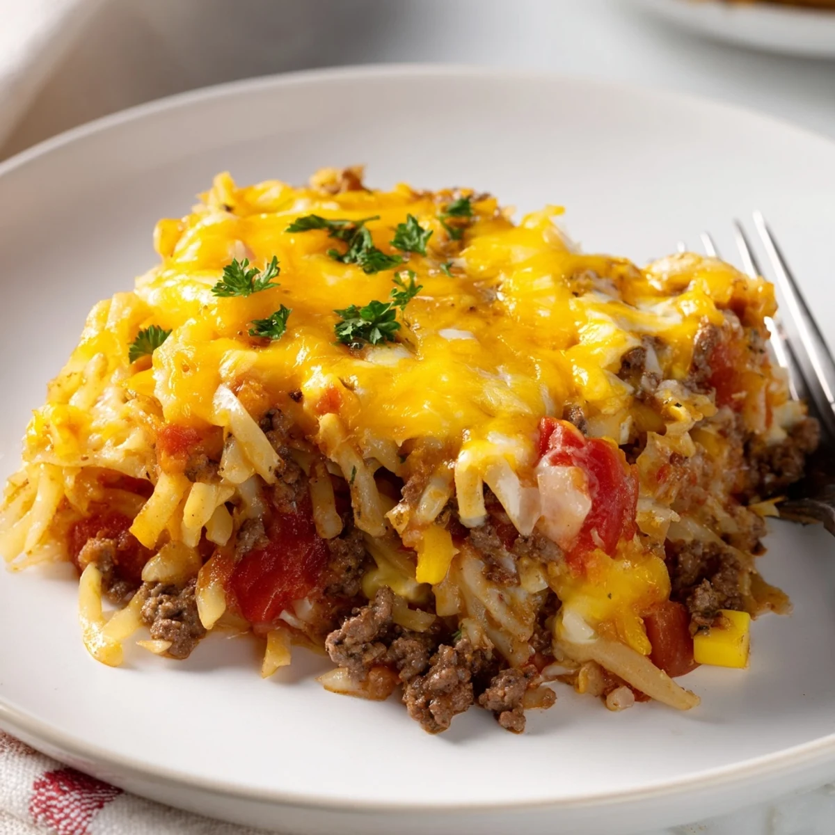 Beef Noodle Casserole bubbling golden, cheesy top and tender beef noodles  
