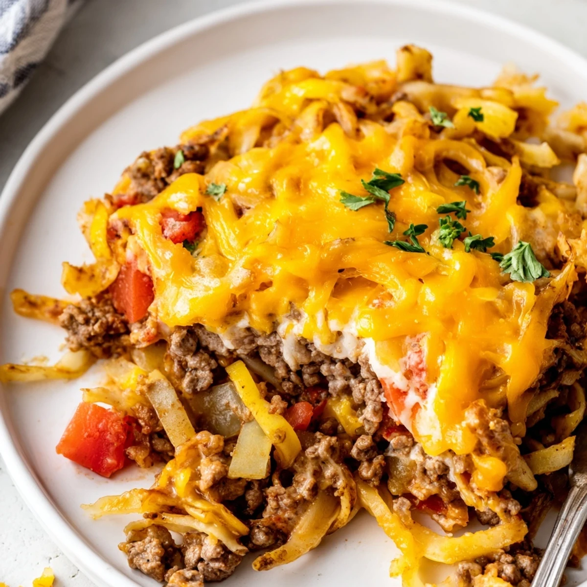 Rustic Beef Noodle Casserole in casserole dish, tender noodles and aromatic herbs