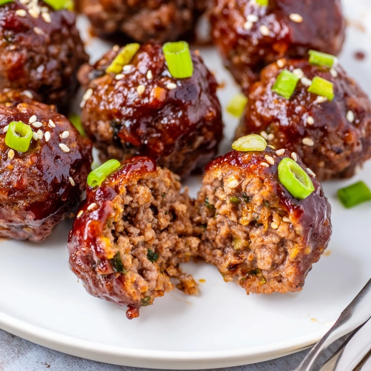 Firecracker Meatballs glossy in spicy sweet sauce, sesame garnish, steaming over rice