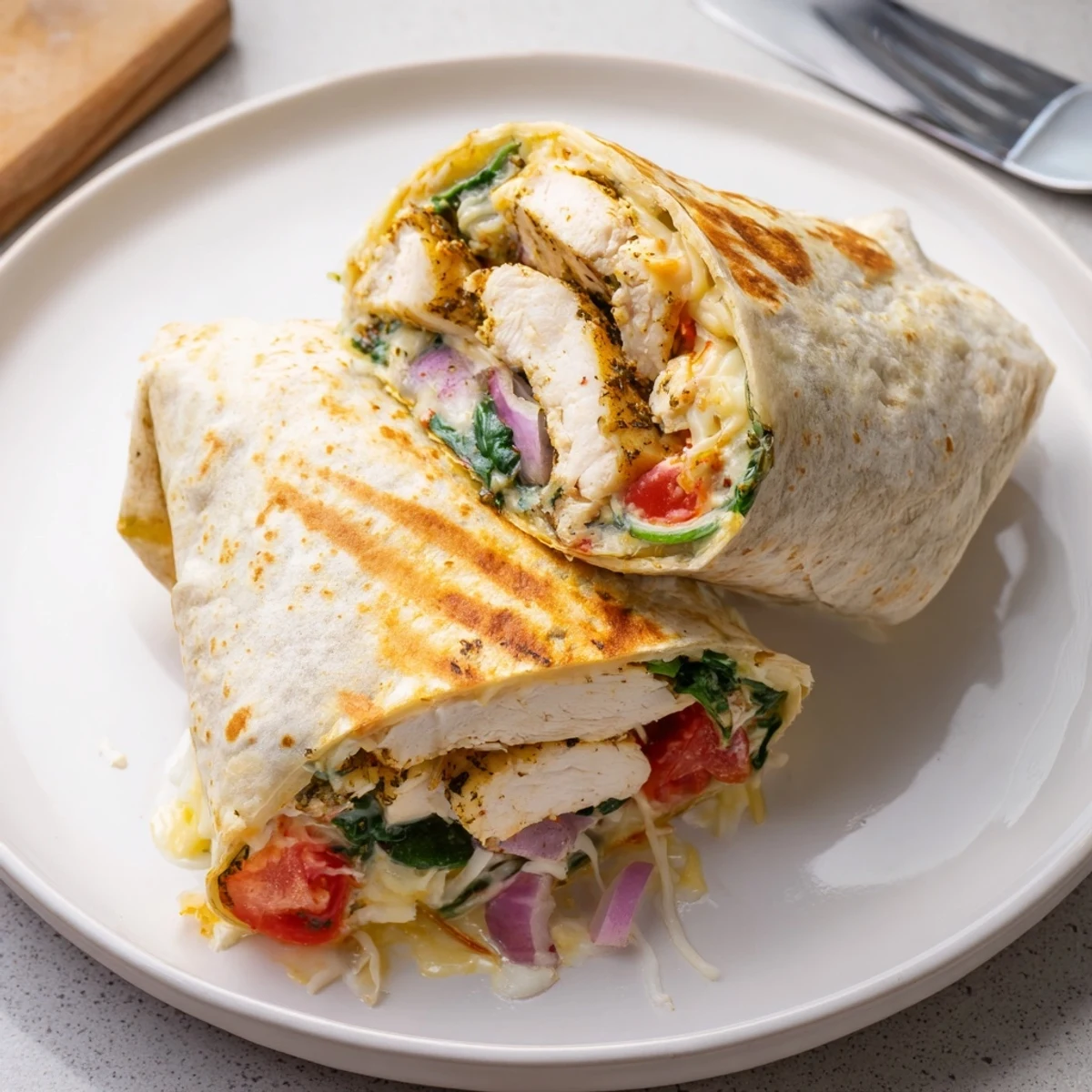 Cozy Cheesy Garlic Chicken Wraps sizzling golden, oozing melted cheese inside