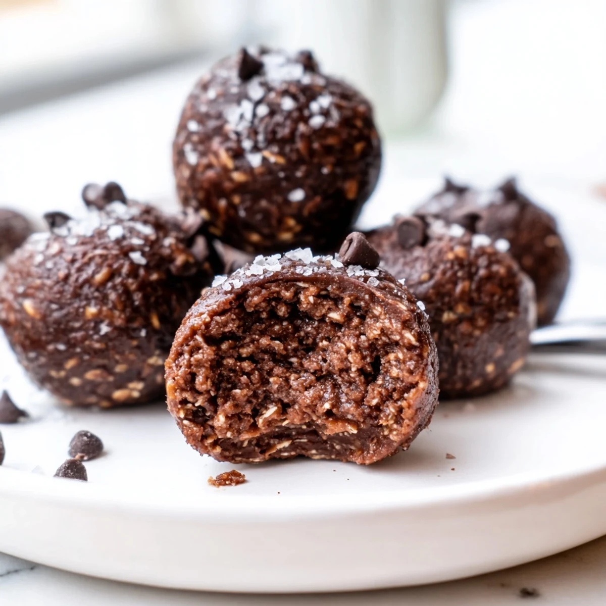 Homemade Brownie Protein Bites rolled into balls, sprinkled with flaky sea salt