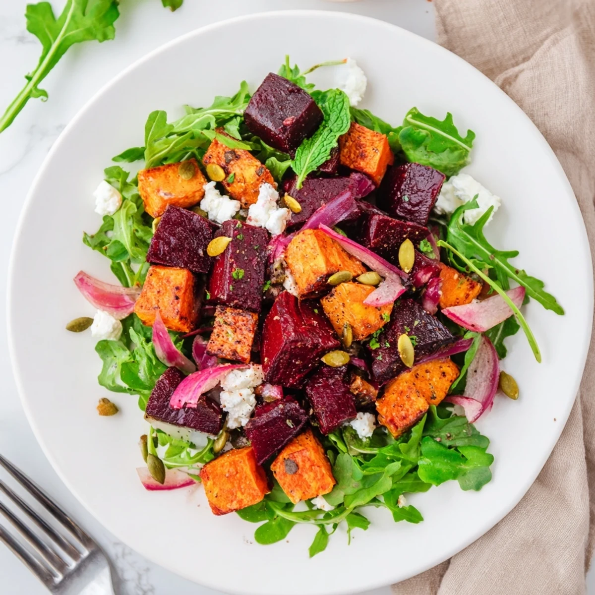 Creamy Roasted Beet Salad With Sweet Potato Feta, warm and tangy.