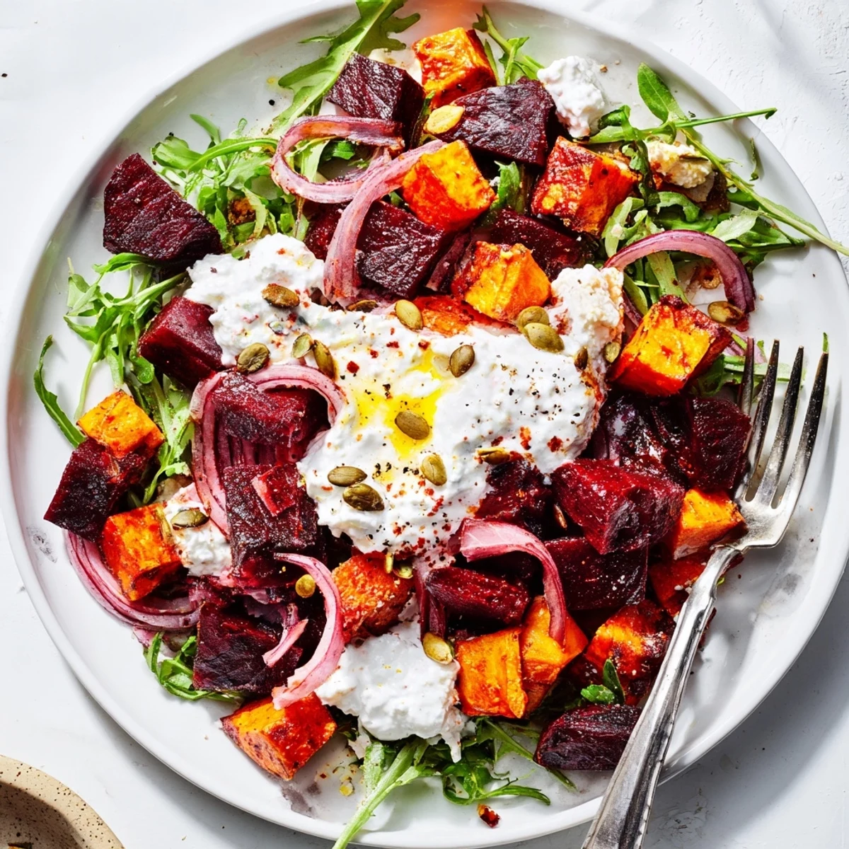 Creamy Roasted Beet Salad With Sweet Potato Feta on arugula, zesty yogurt dressing.
