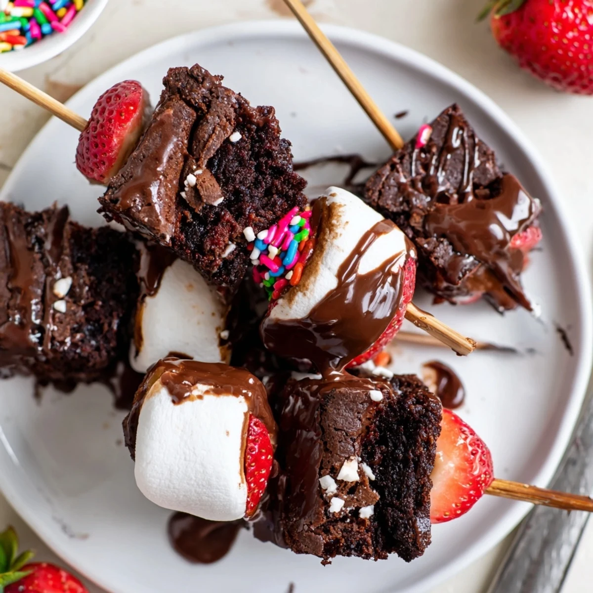 Sweet Strawberry Brownie Kabobs with fudgy brownie bites, glossy chocolate drizzle.