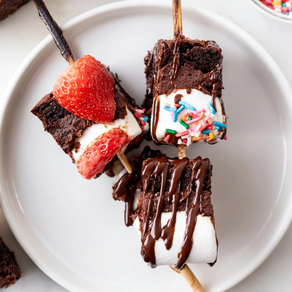 Platter of Sweet Strawberry Brownie Kabobs, juicy strawberries and toasted marshmallows.