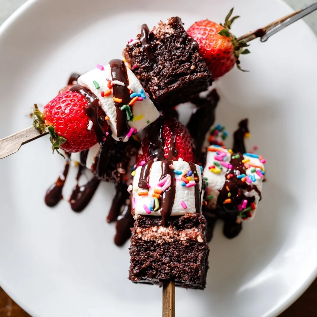 Skewered bite-sized treats for summer parties: warm brownies, marshmallows, Sweet Strawberry Brownie Kabobs.