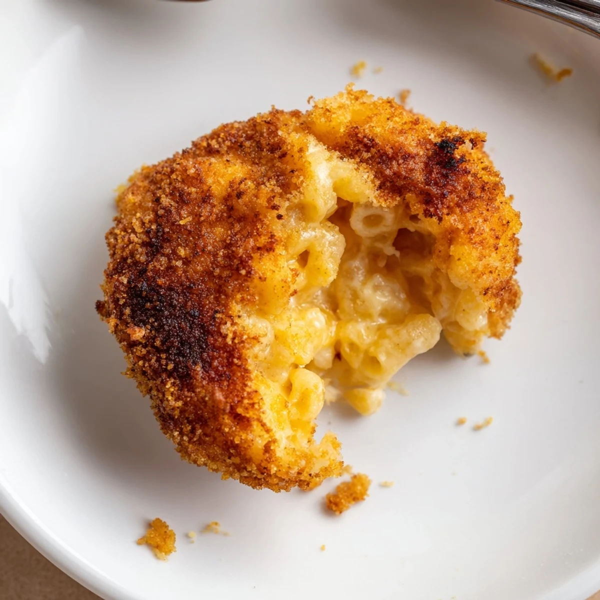 Close-up of Fried Mac And Cheese Bites split open, gooey cheddar visible