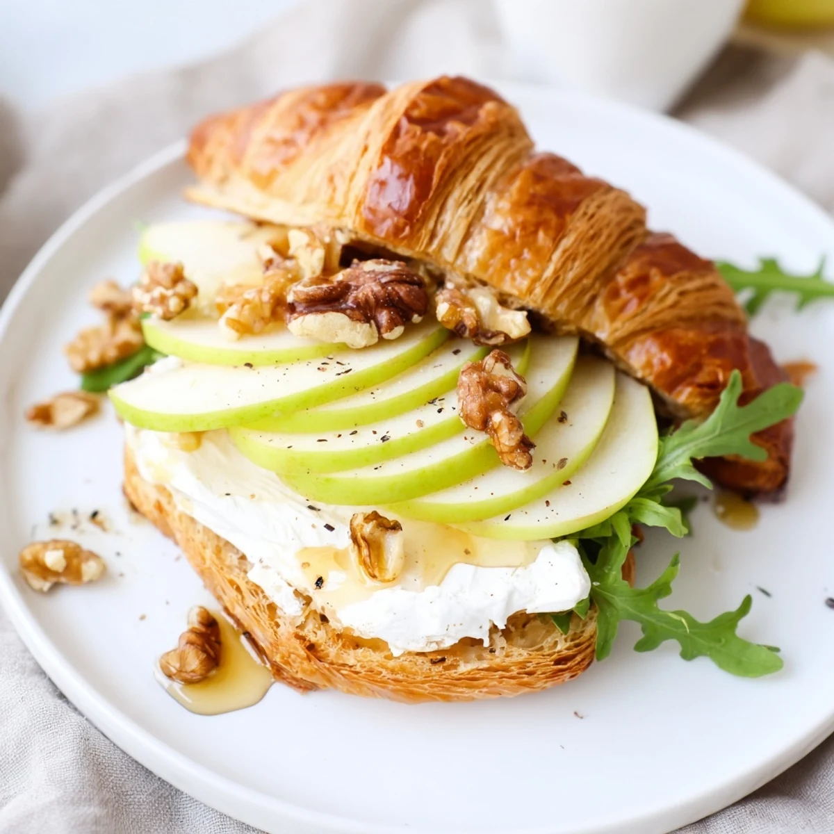 Photo of an Apple Goat Cheese Croissant Sandwich served with tea and napkin.