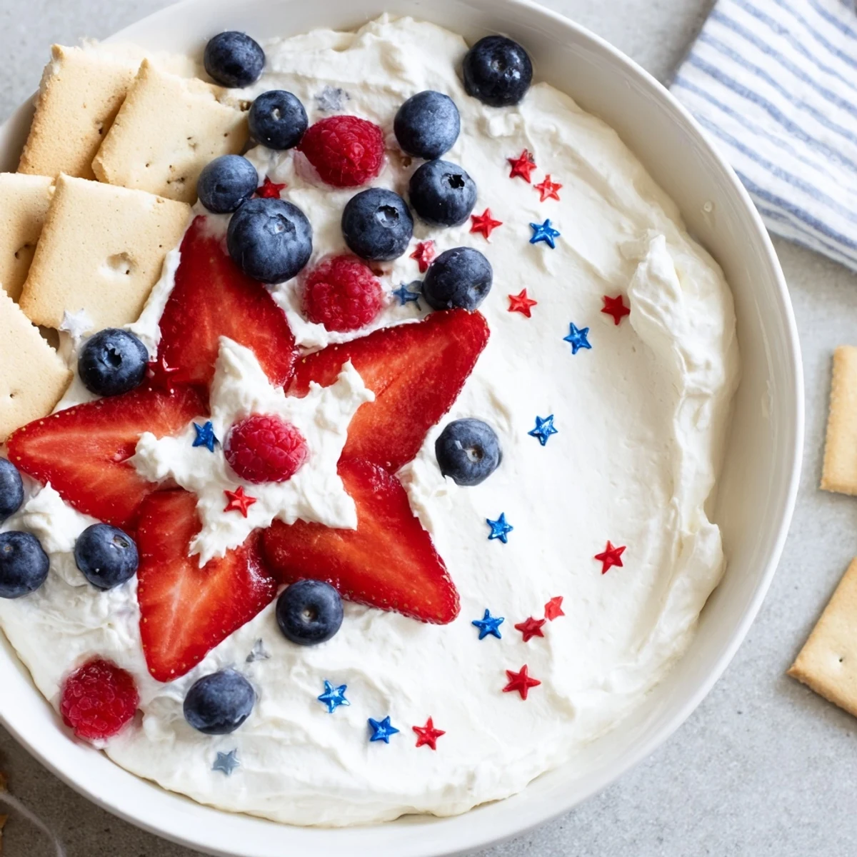 Star Spangled Cheesecake Dip topped with glossy blueberries, sliced strawberries, and sprinkles