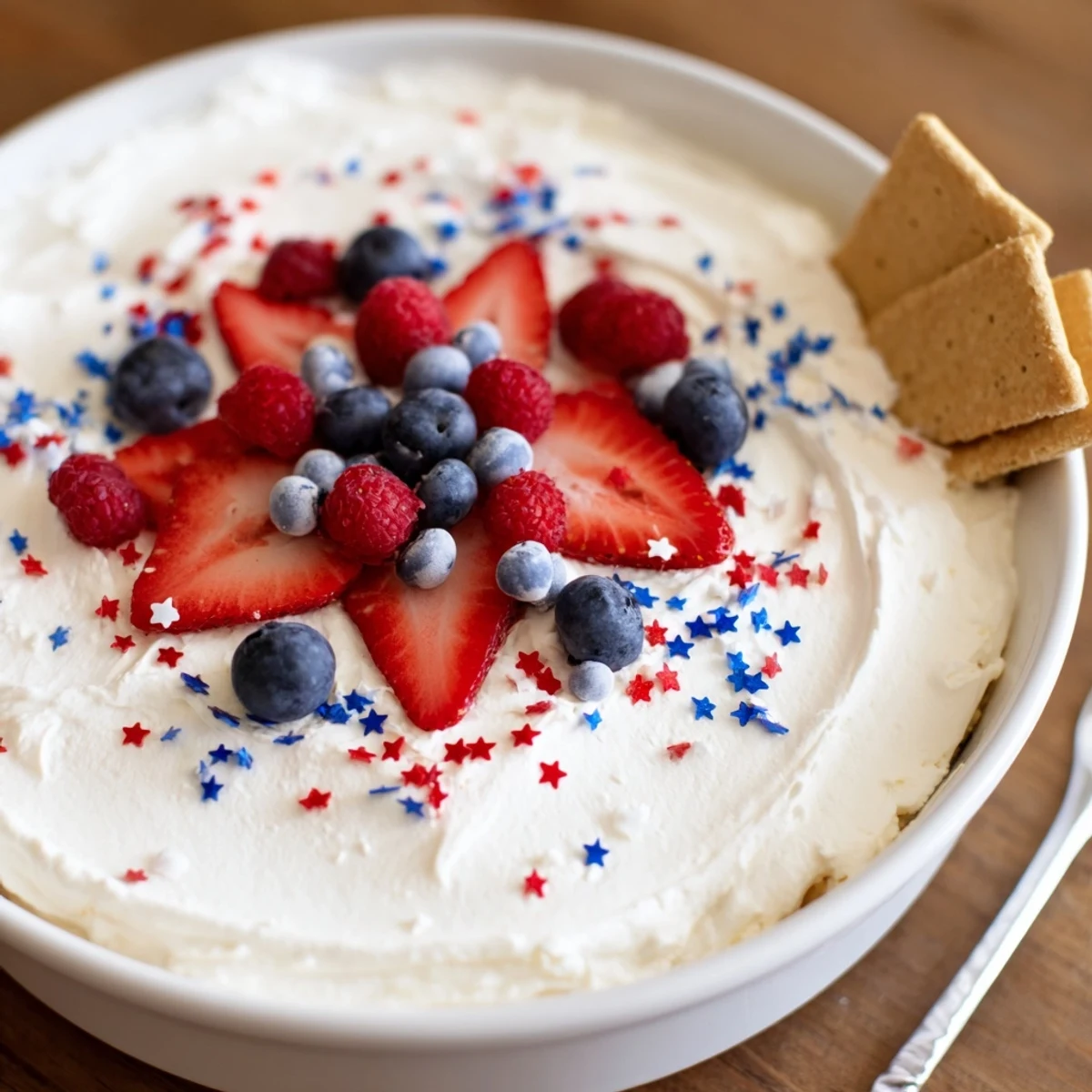 Chilled Star Spangled Cheesecake Dip served with graham crackers and salty pretzel sticks