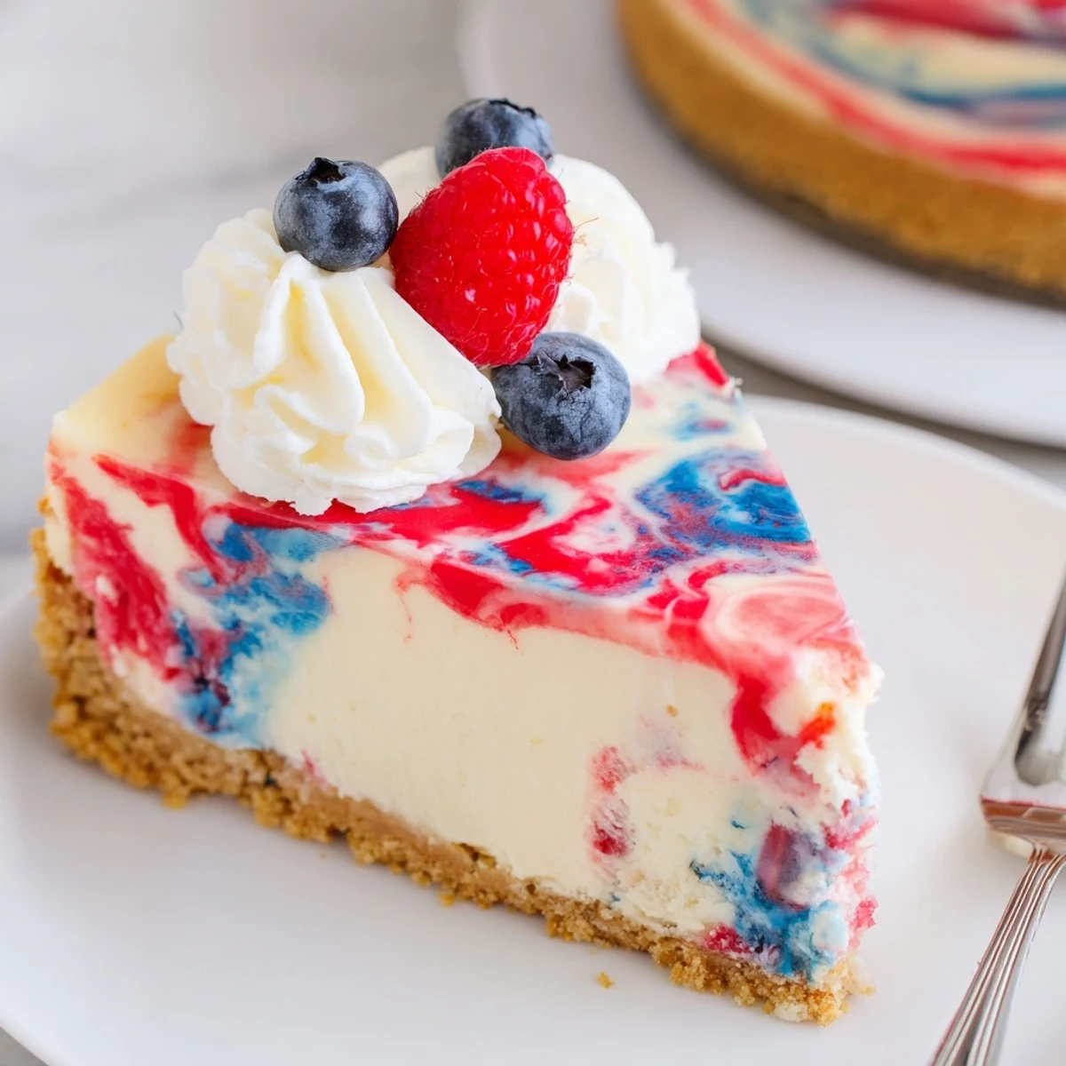 Patriotic Swirl Cheesecake with creamy red and blue swirls, graham crust