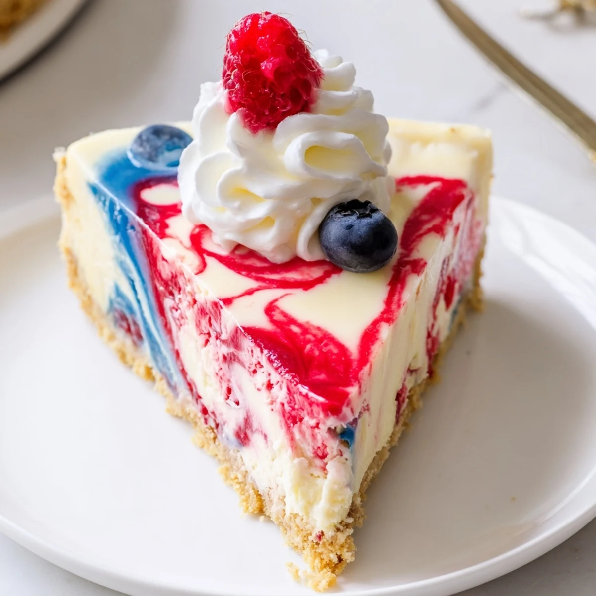 Chilled Patriotic Swirl Cheesecake showing marbled red-blue filling and crisp crust