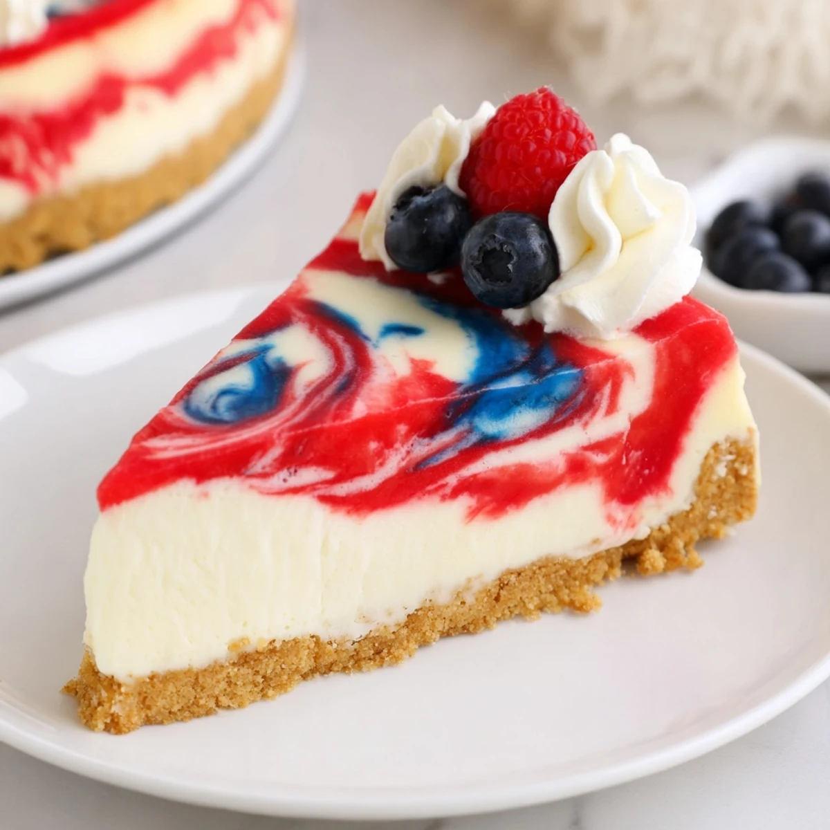 Slice of Patriotic Swirl Cheesecake topped with whipped cream and berries