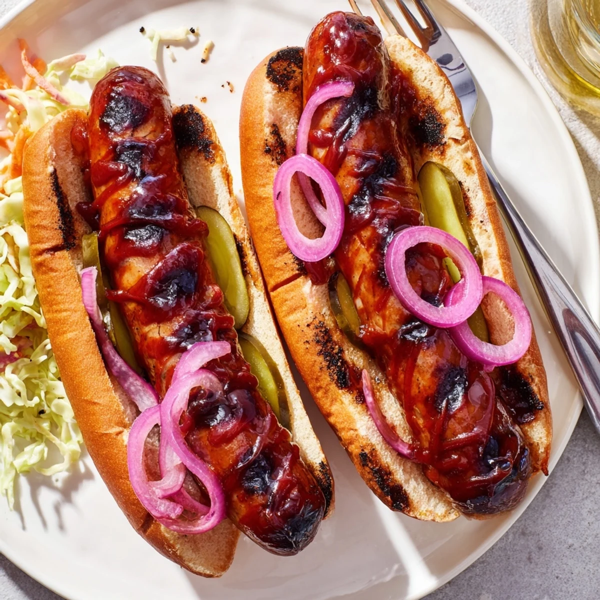 Smoky BBQ Sausage Recipe plated in a bun with crisp pickles  