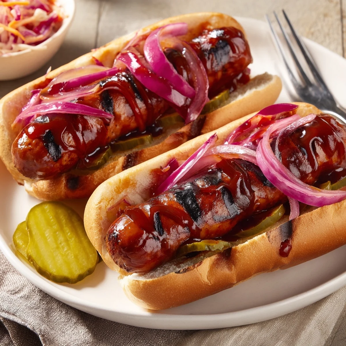 BBQ Sausage Recipe with sticky, caramelized glaze sizzling on hot grill  