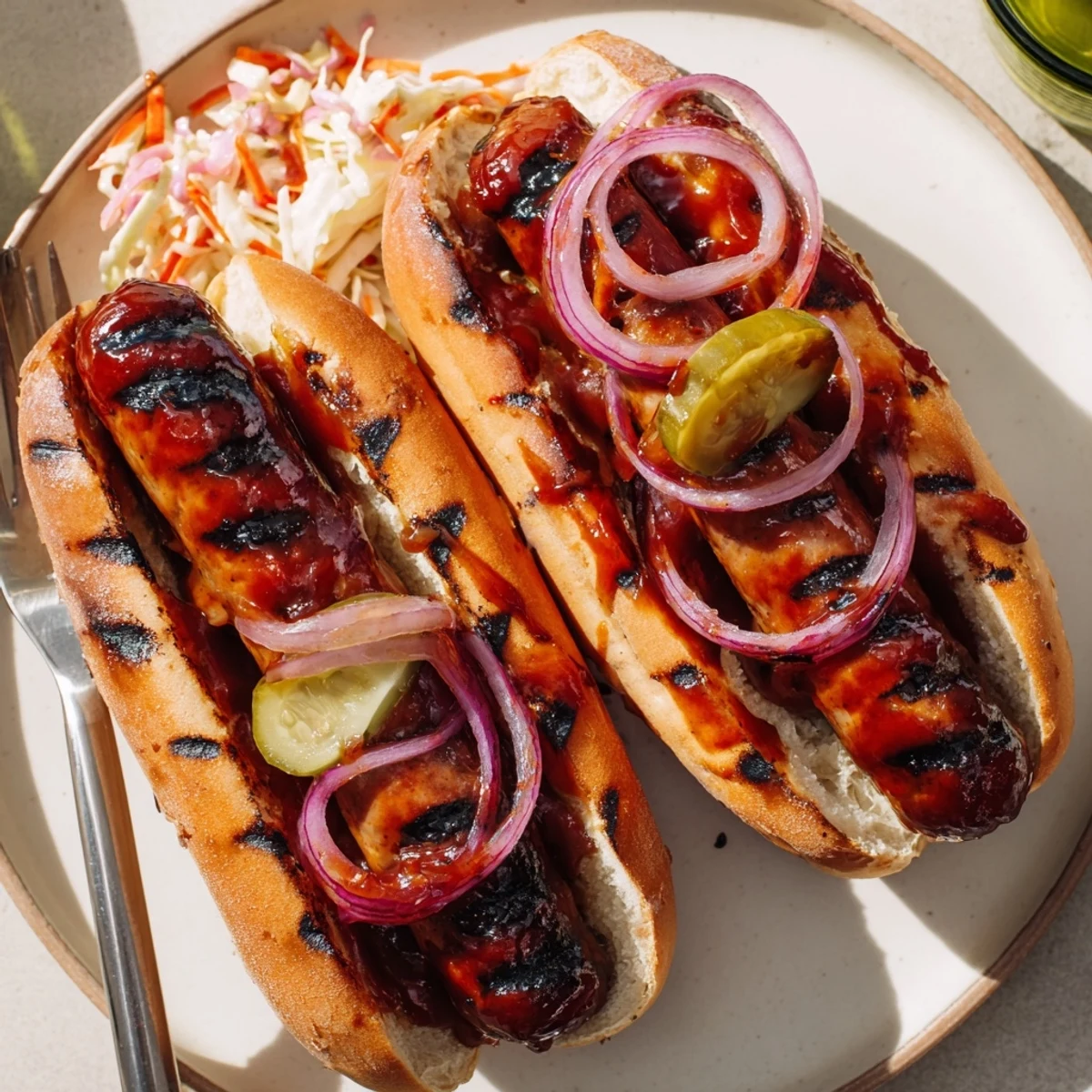 Family style BBQ Sausage Recipe brushed with tangy sauce, resting on platter