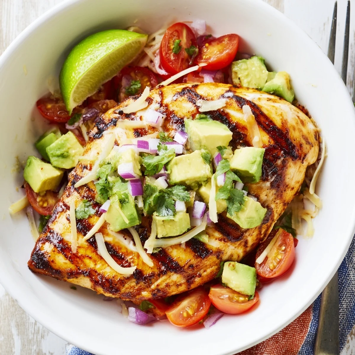 Charred, juicy Fiesta Lime Chicken With Avocado topped with zesty cilantro-lime salsa.