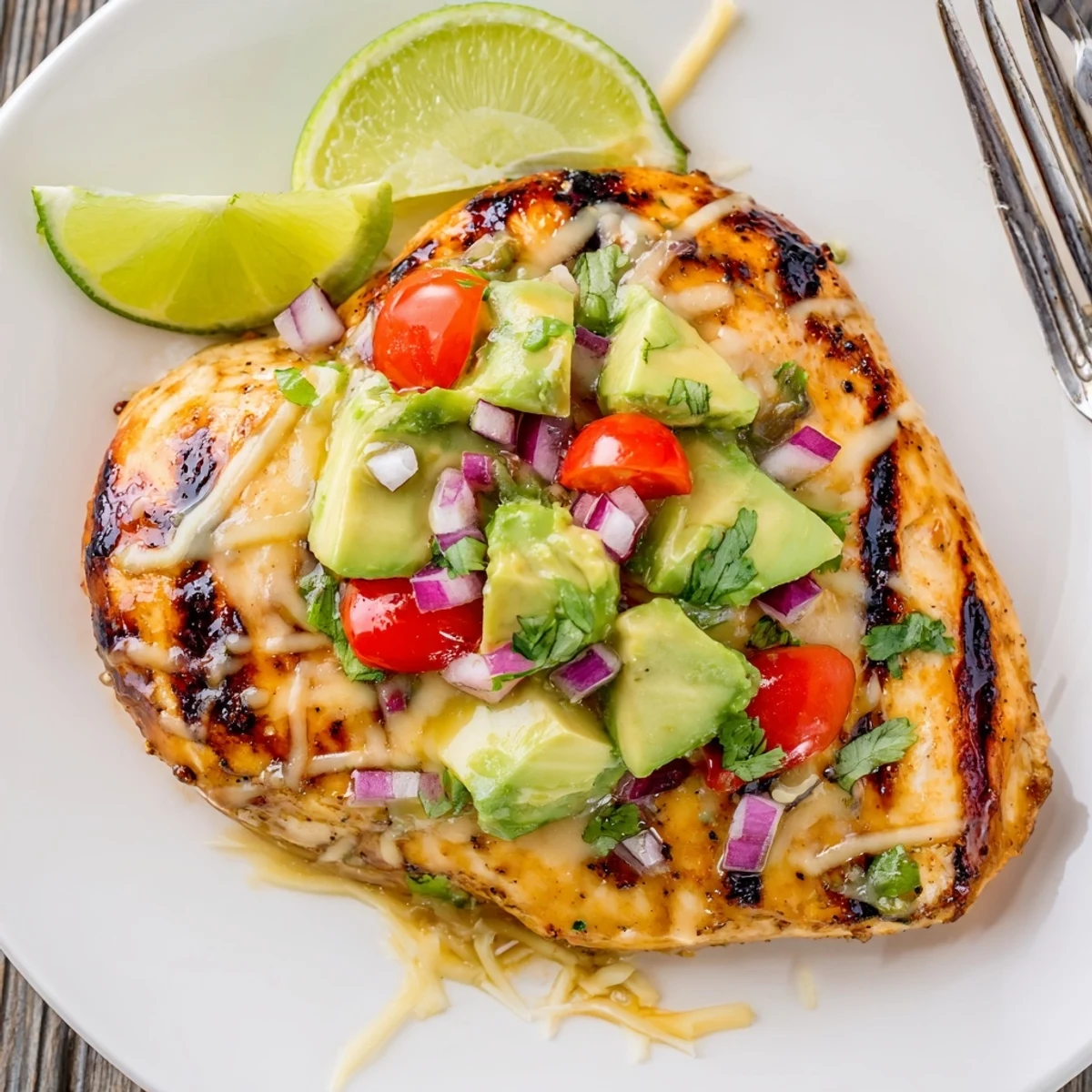 Fiesta Lime Chicken With Avocado plated with lime wedges, cherry tomatoes, fresh cilantro.