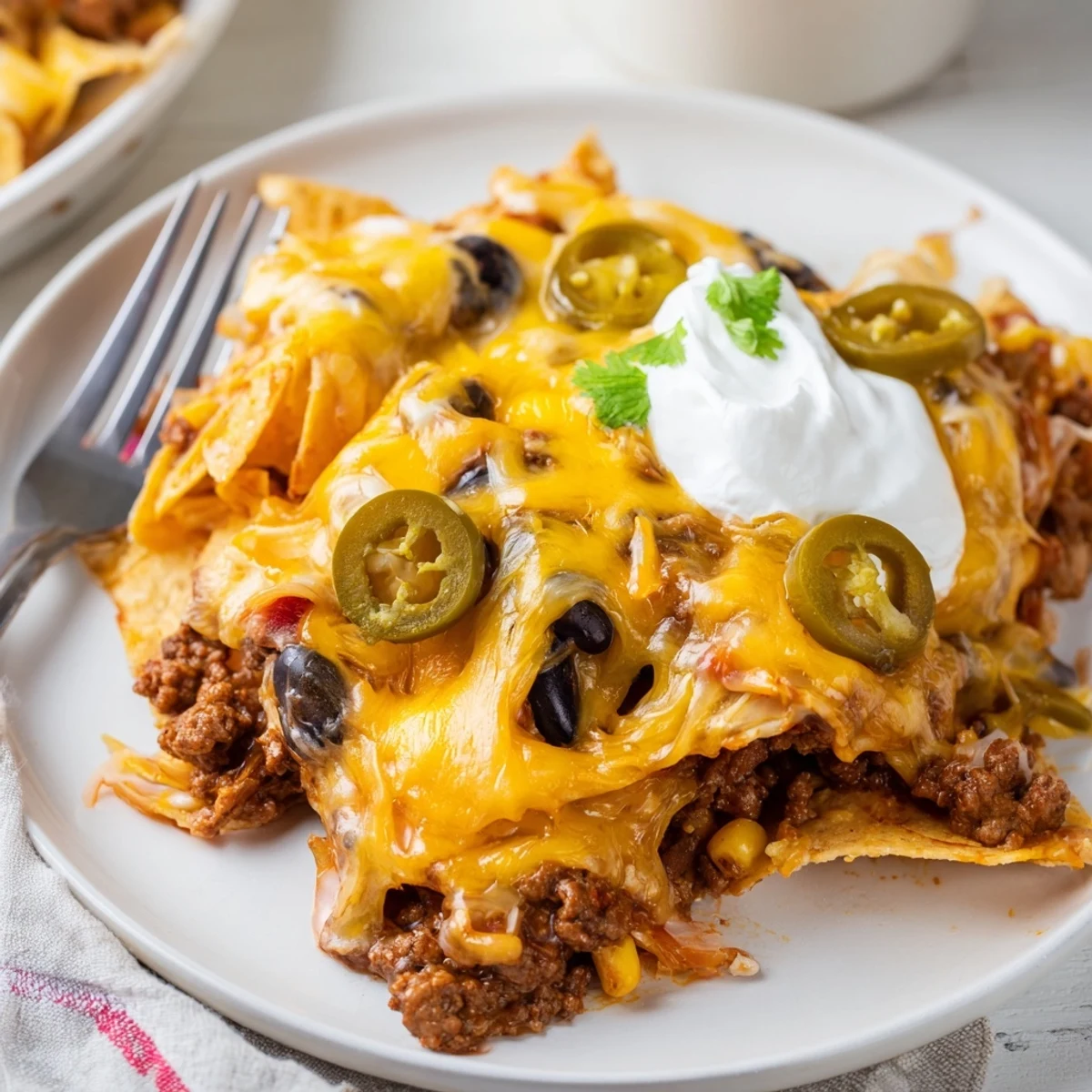 Layered Cheesy Nacho Casserole, seasoned beef and beans topped with fresh cilantro.