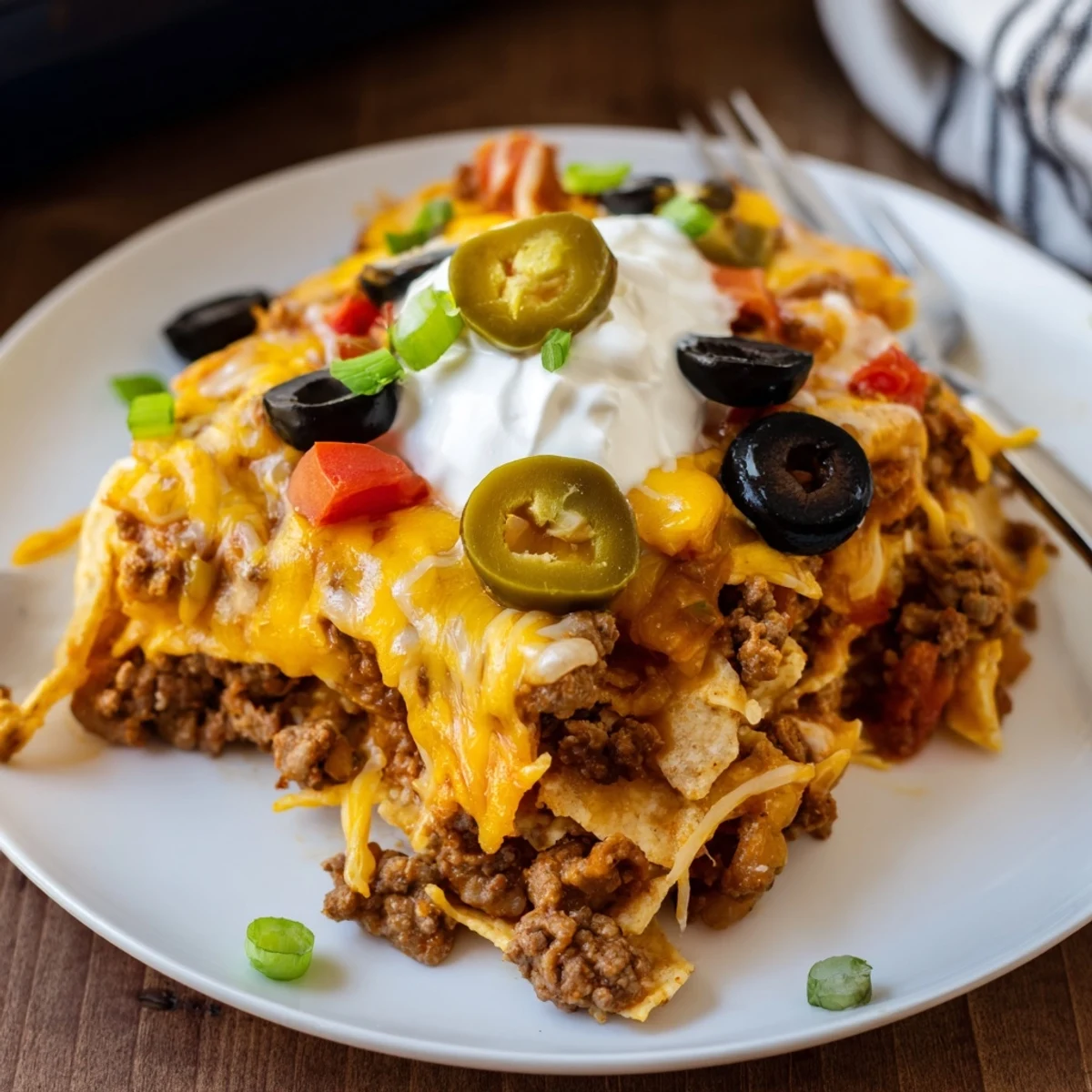Cheesy Nacho Casserole bubbling golden with melted cheese and crispy tortilla edges.
