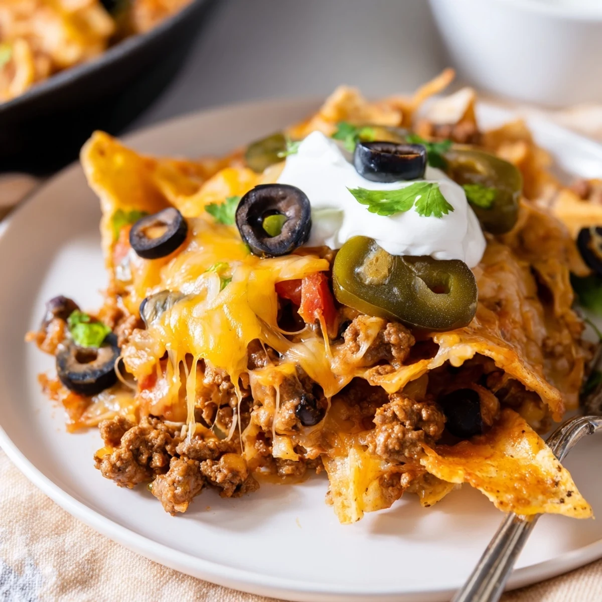 Fresh from oven, a Cheesy Nacho Casserole served with sour cream and jalapeños.