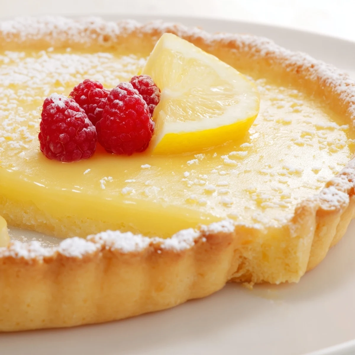 Creamy Lemon Tart Recipe on a crusty golden shell dusted with powdered sugar