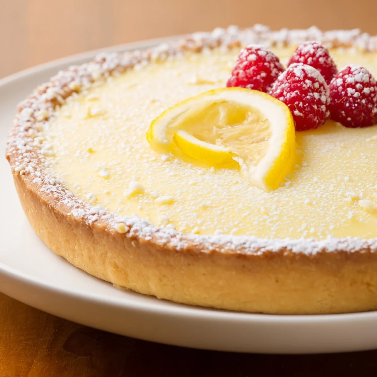 Slice of Creamy Lemon Tart Recipe glistening, silky filling with fresh berries